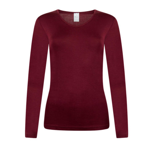 Shirt V-hals wol-zijde bordeaux