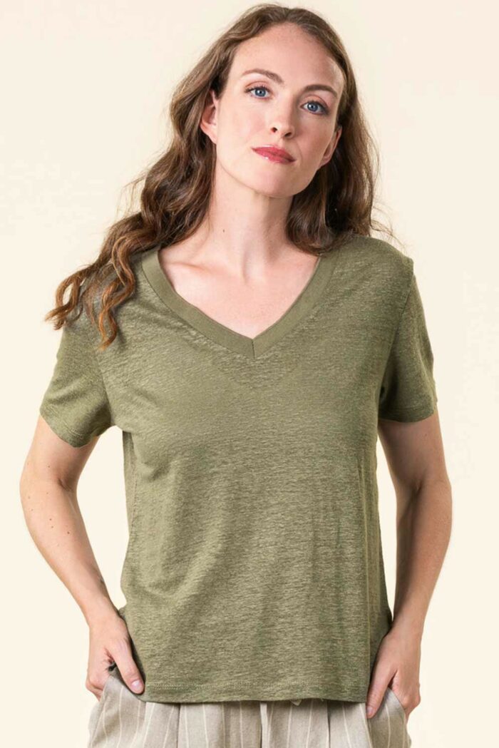100% linnen v-hals t-shirt olijfgroen - Afbeelding 2