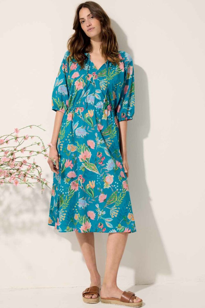 Lange jurk zomerbloemen biokatoen