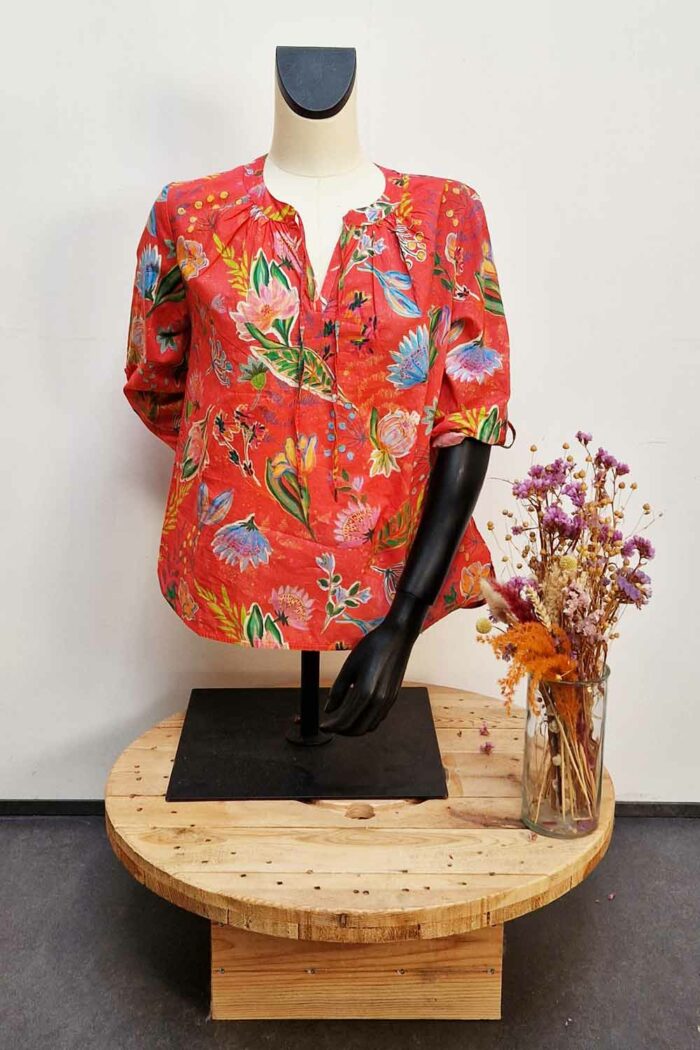 Blouse bloemen biokatoen koraalrood