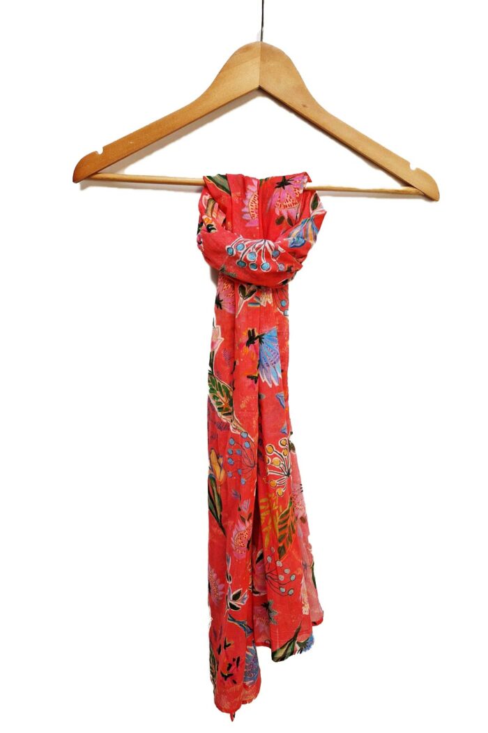 Sjaal biokatoen bloemenprint oranje-rood
