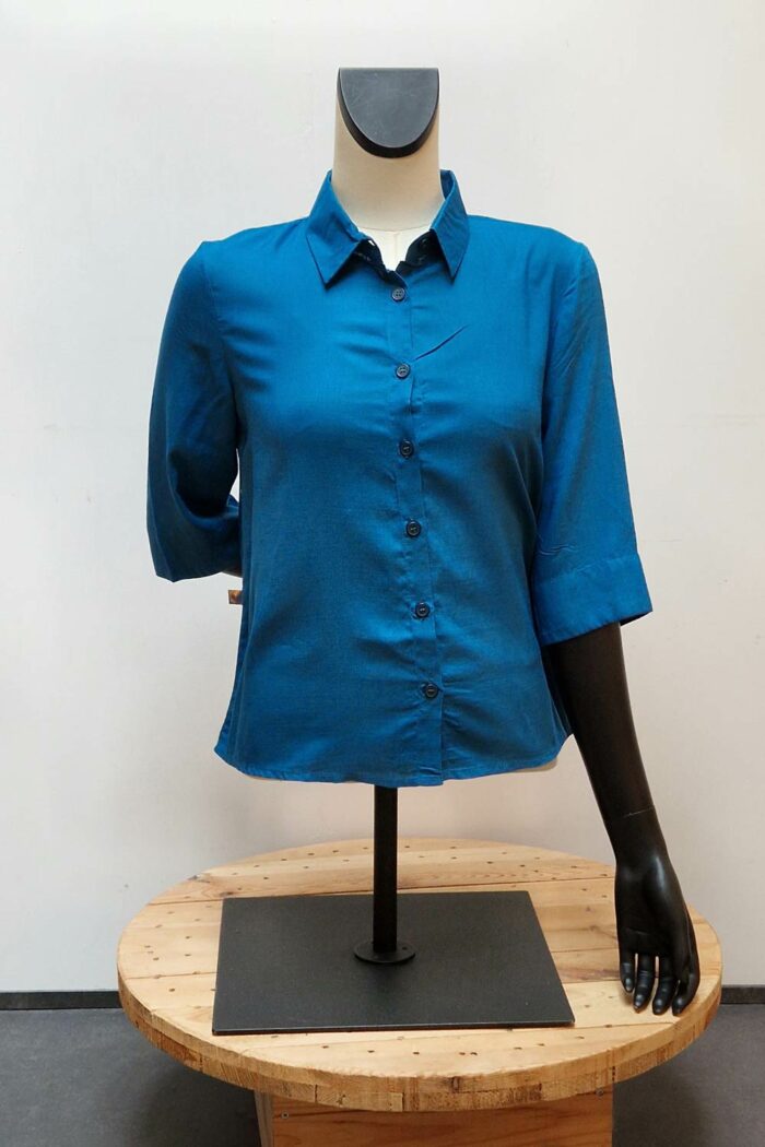 Blouse met driekwart mouw effen petrolblauw