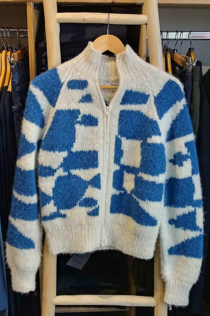 Baby alpaca vest met rits ecru-kobaltblauw