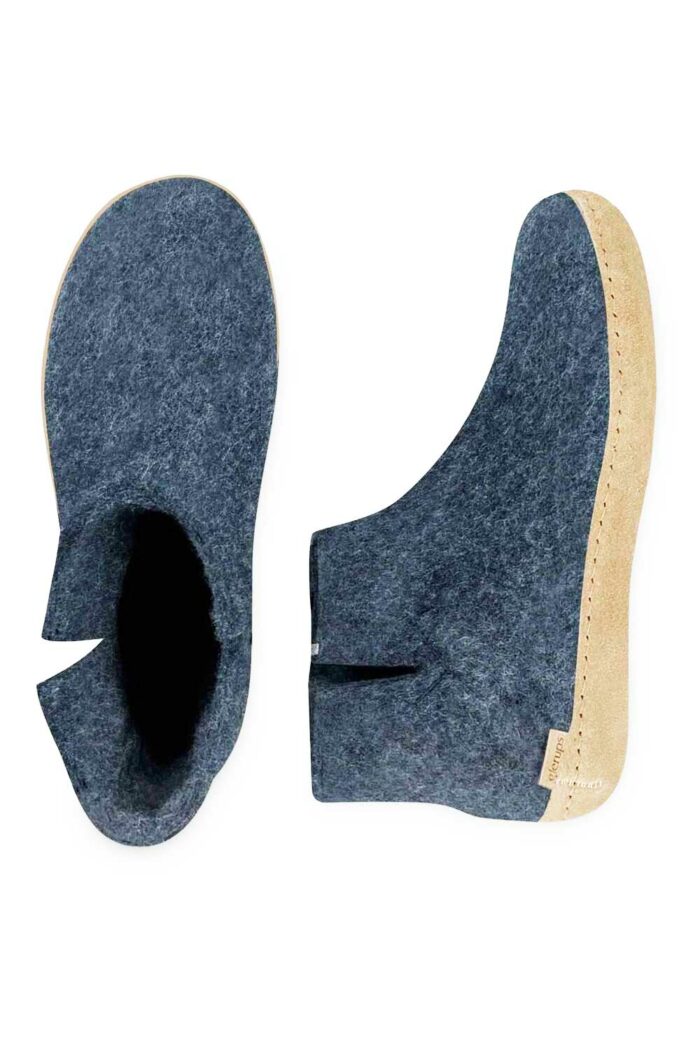 Wollen slof laars - leren zool blauw