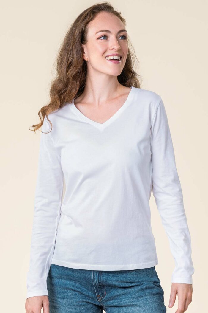 Dames lange mouwenshirt v-hals wit