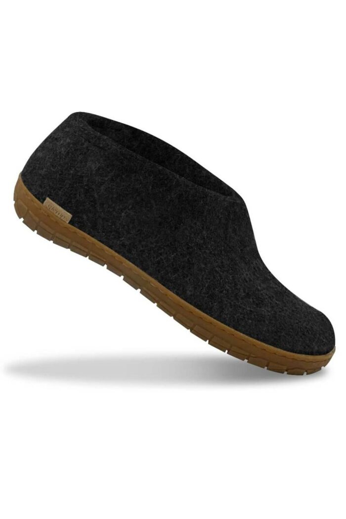 Wollen slof schoen - rubber zool - zwart