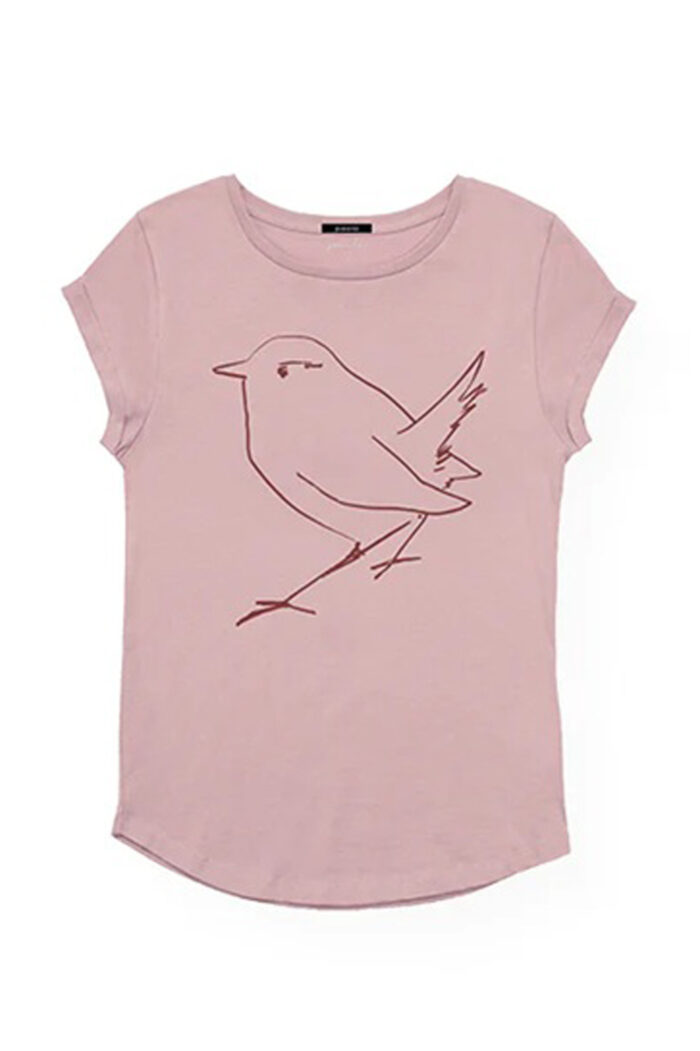 T-shirt 100% biokatoen roze met winterkoninkje