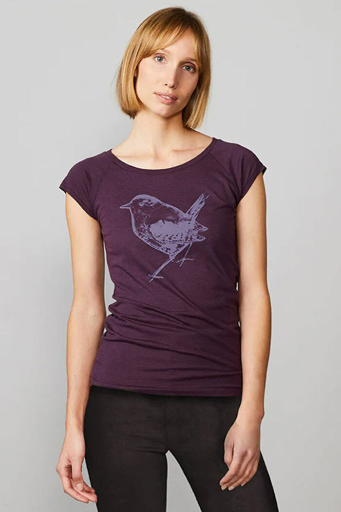 T-shirt bamboe-biokatoen winterkoninkje aubergine - Afbeelding 2