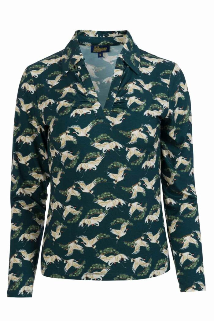 Shirt met kraagje en v-hals kraanvogels