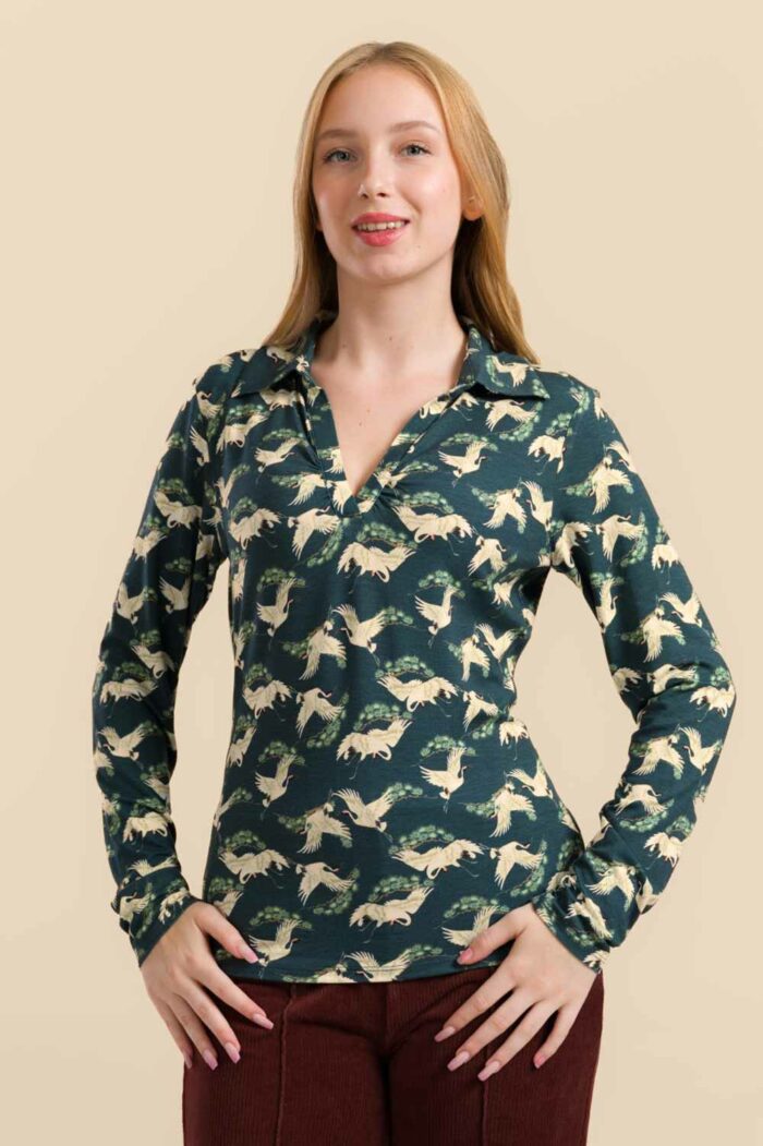 Shirt met kraagje en v-hals kraanvogels - Afbeelding 2