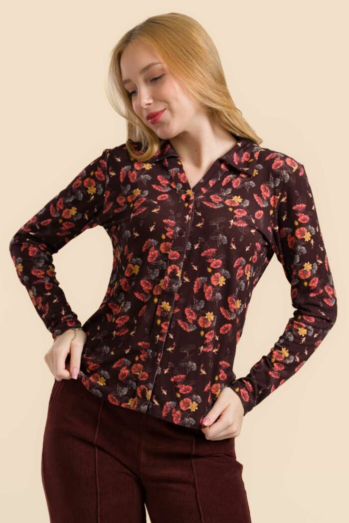 Blouse bruin herfstbloemen