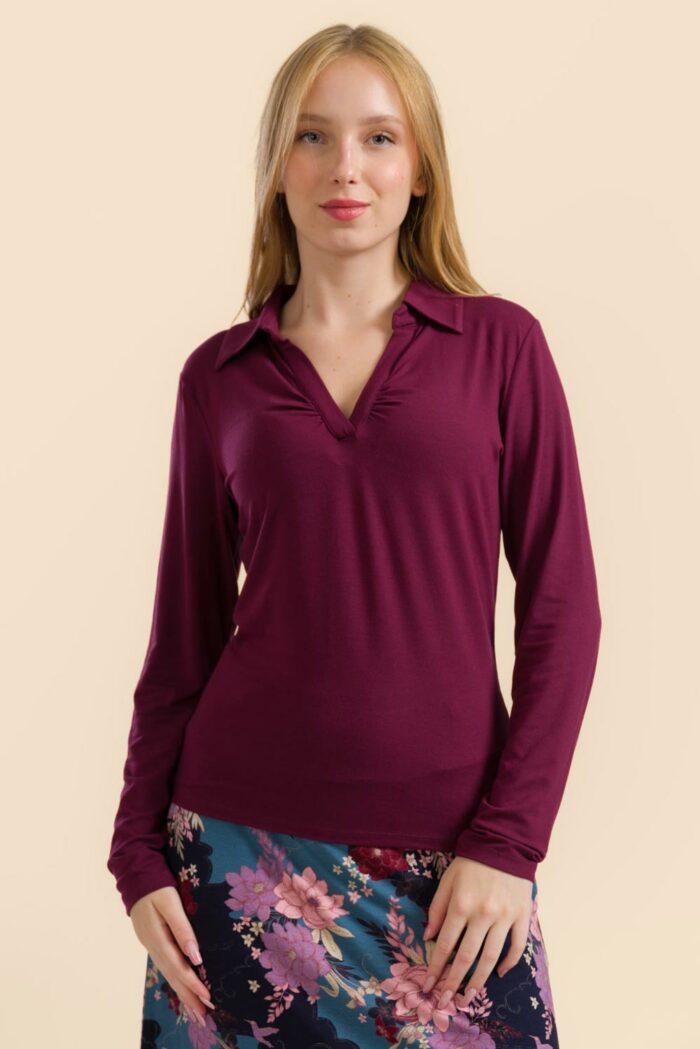 Shirt met kraagje en v-hals bordeaux - Afbeelding 2