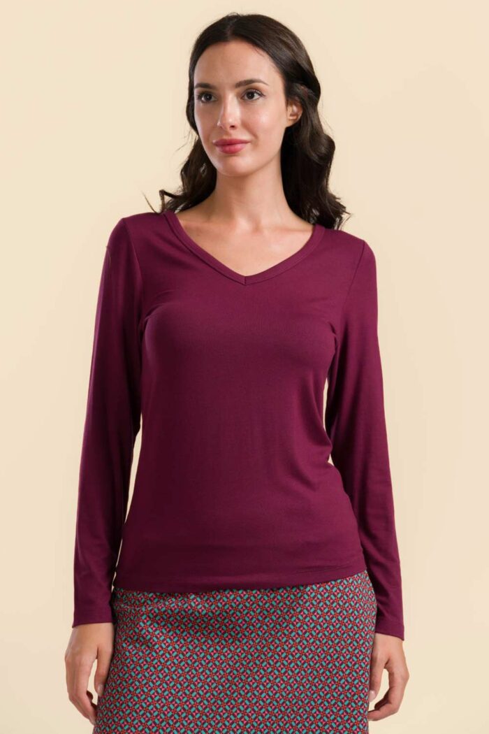 Shirt V-hals effen bordeaux