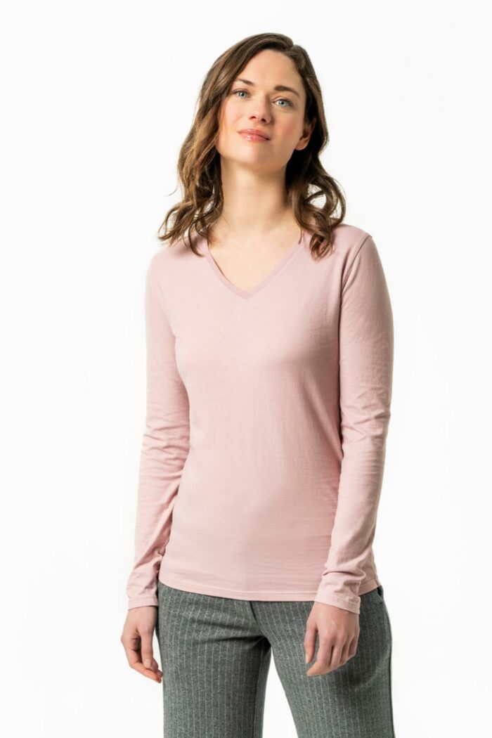 Dames lange mouwenshirt v-hals lichtroze