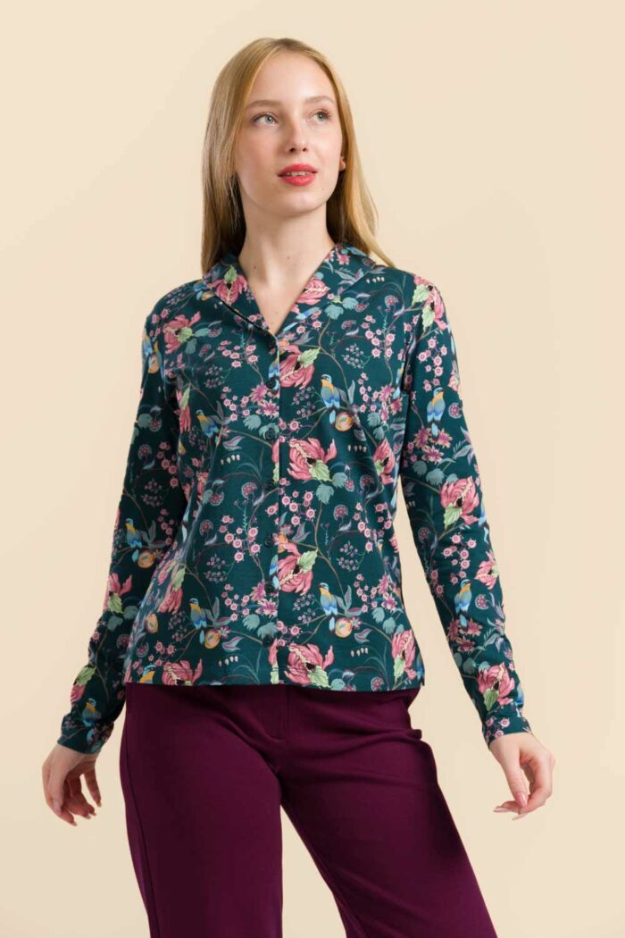 Blouse biokatoen vogels en planten