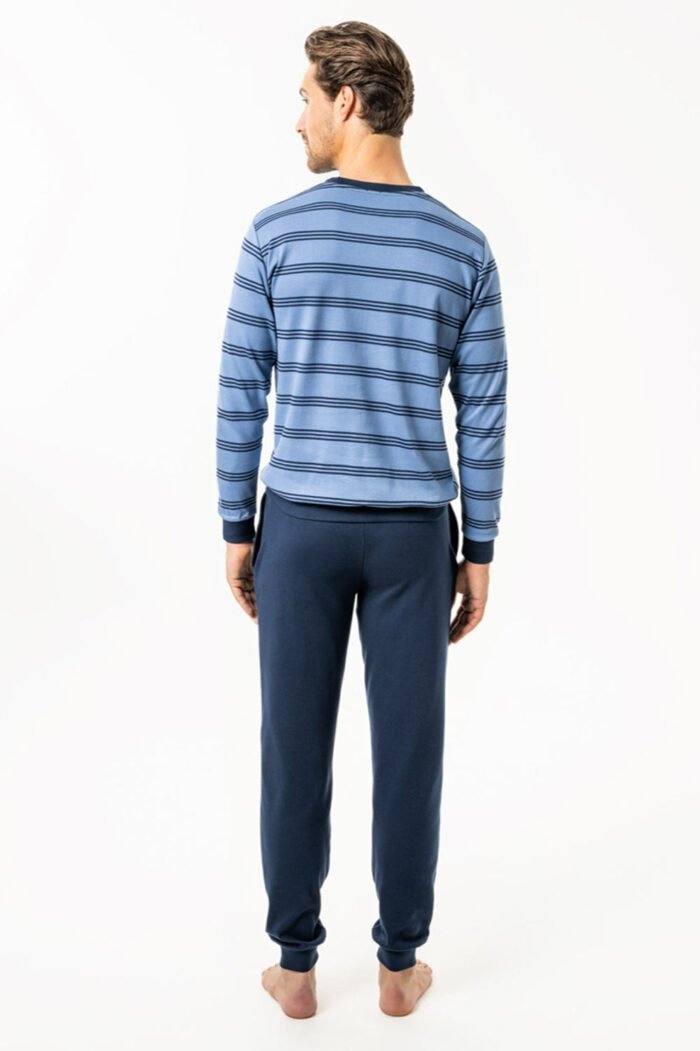 Herenpyjama biokatoen blauwe strepen - Afbeelding 3