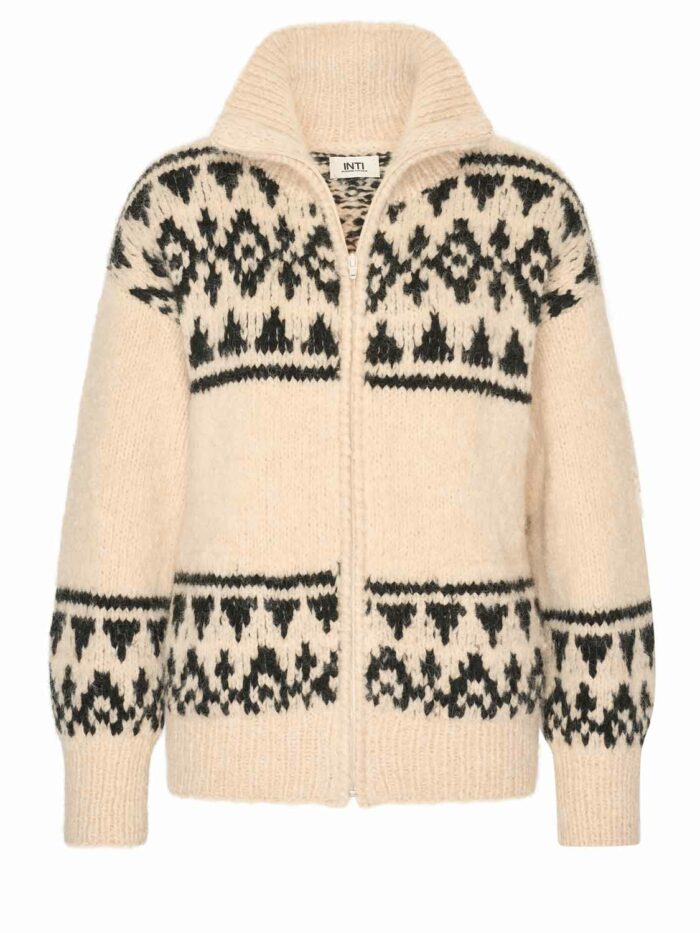 Baby alpaca vest met rits en kraag ecru/zwart