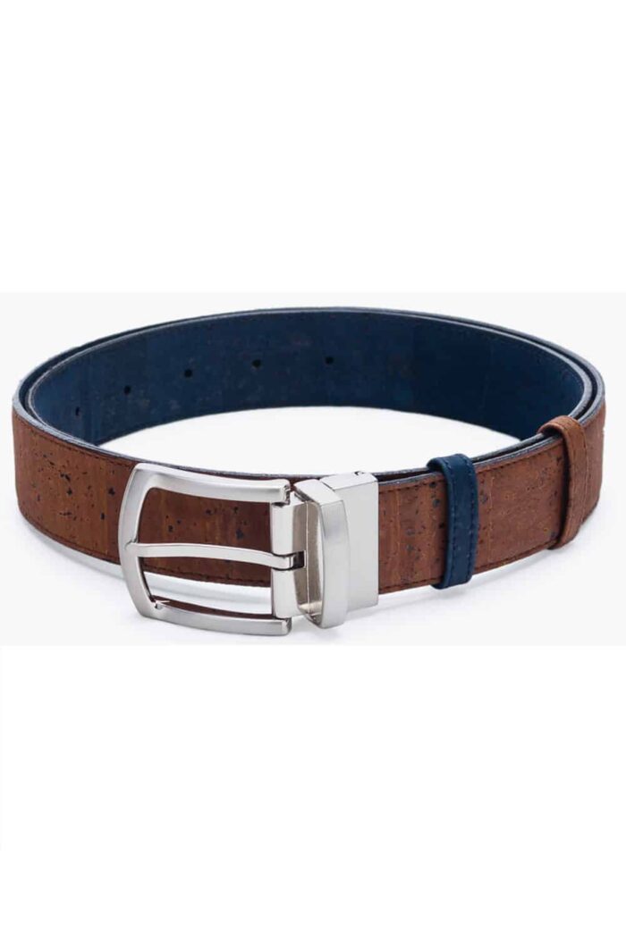Vegan riem kurk 3,5 cm reverse bruin/blauw - Afbeelding 2