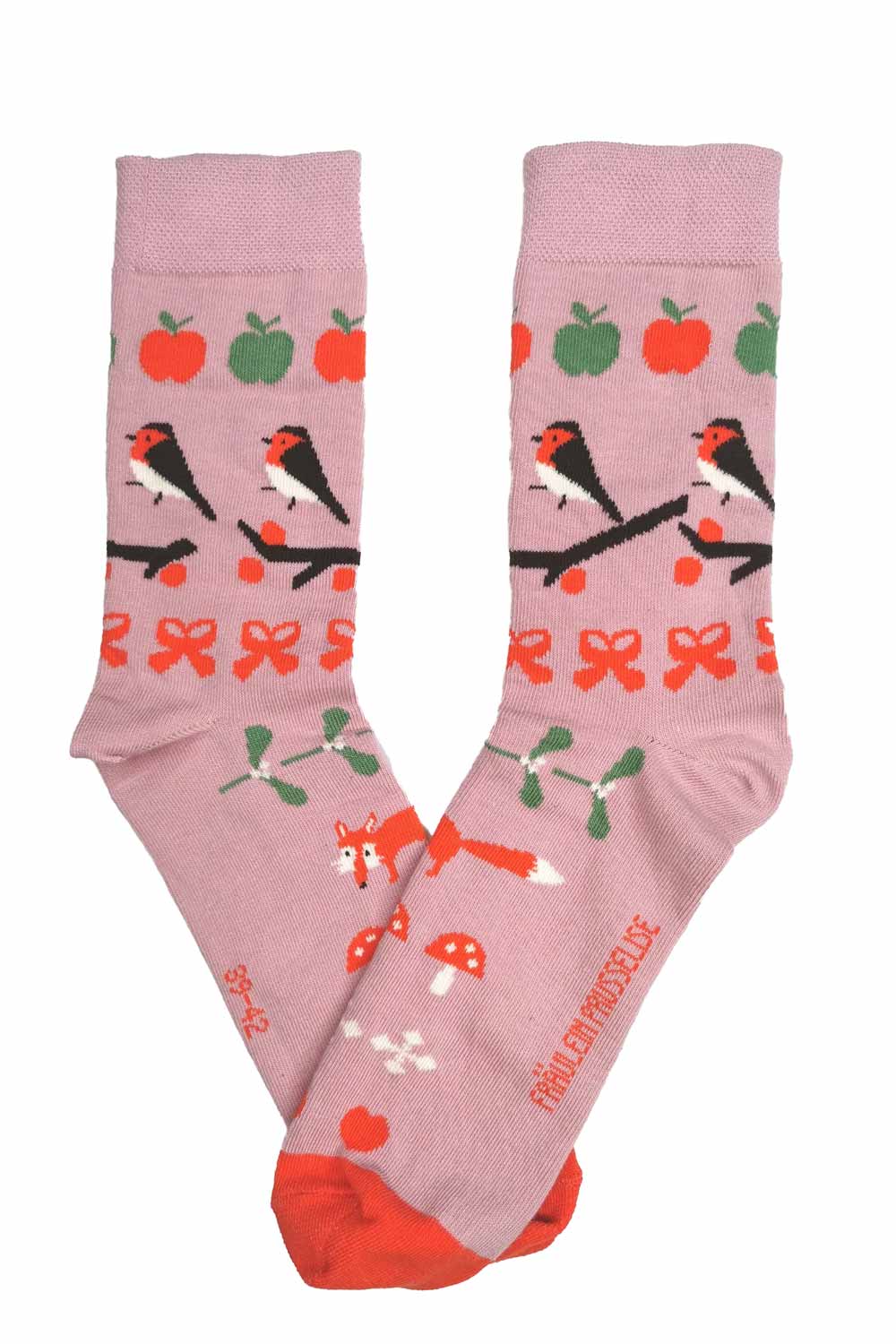 Roze sokken met roodborst, vos, paddenstoel
