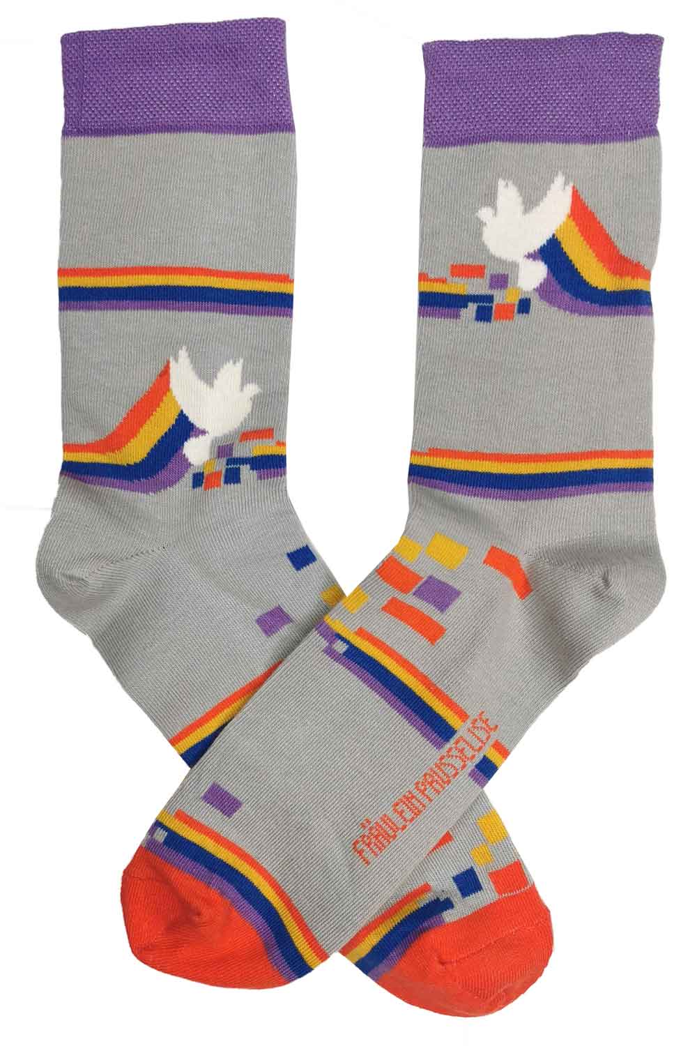 Vrolijke sokken met duif en regenboog