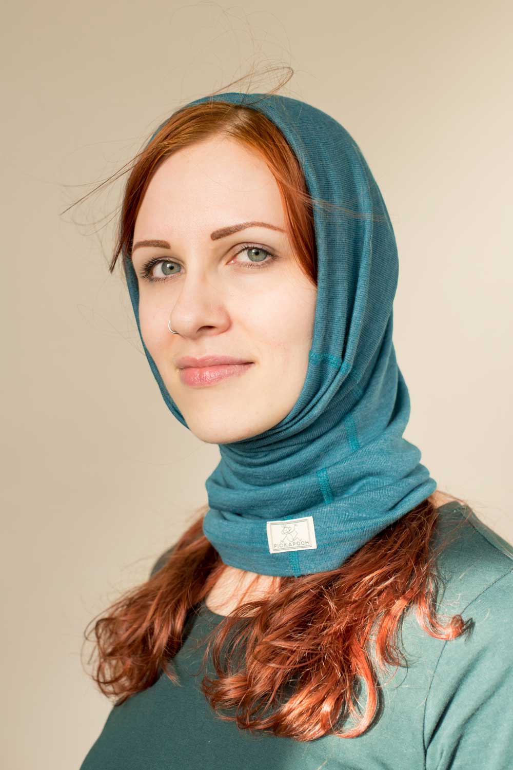 Multifunctionele sjaal/muts wol/zijde petrol - Afbeelding 2