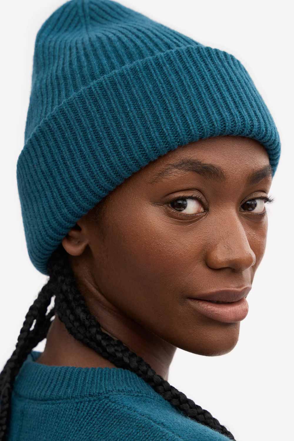 Merinowollen muts petrolblauw