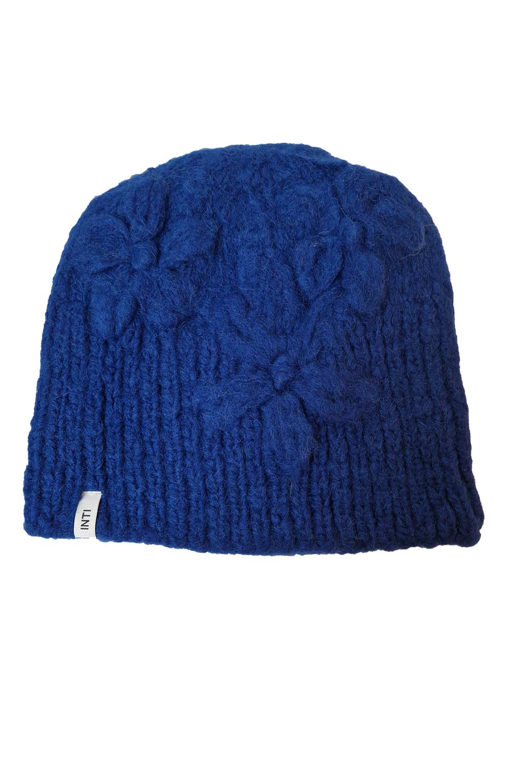 Handgebreide muts met bloemen blauw