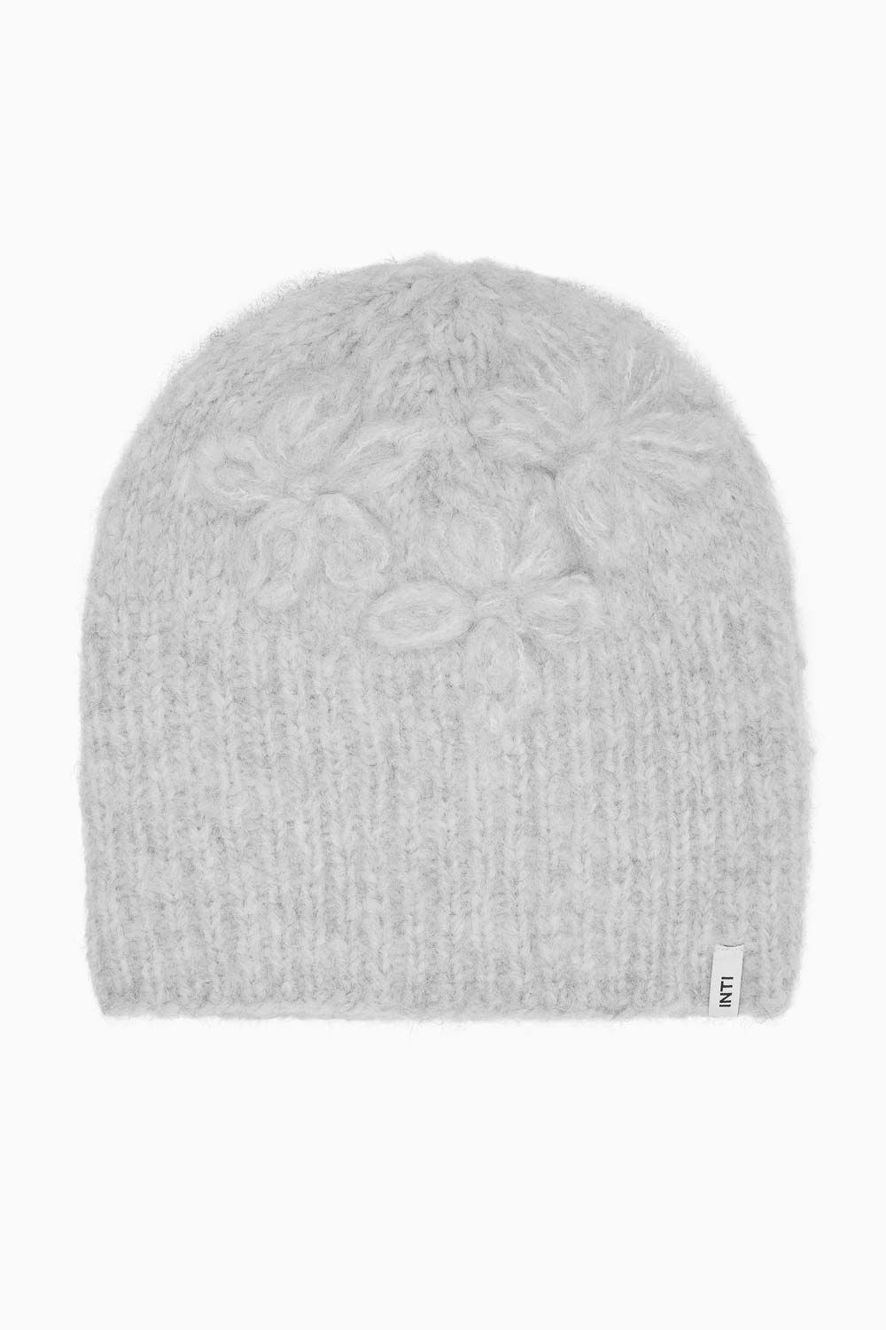Handgebreide muts met bloemen lichtgrijs