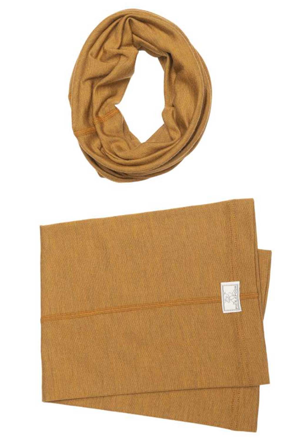 Multifunctionele sjaal/muts wol/zijde caramel