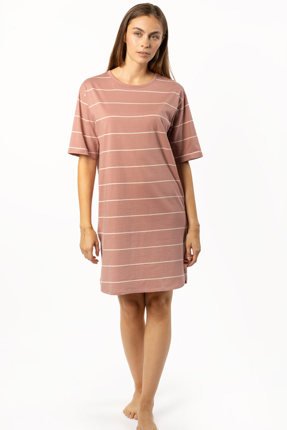 Nachthemd korte mouw oudroze met witte streep - Afbeelding 2