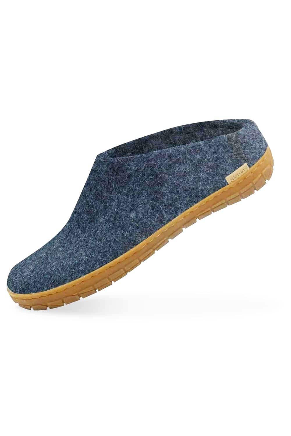 Wollen slof slipper - rubber zool denimblauw