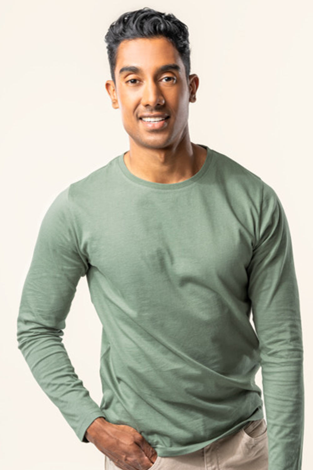 Heren longsleeve biokatoen olijfgroen - Afbeelding 2