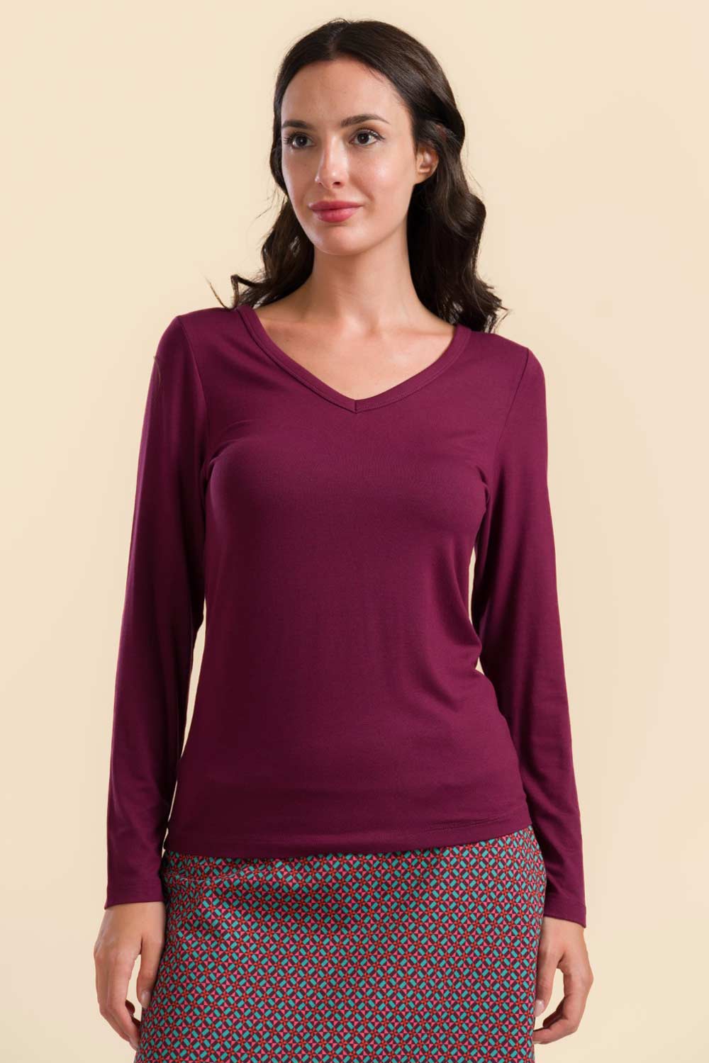 Shirt V-hals effen bordeaux