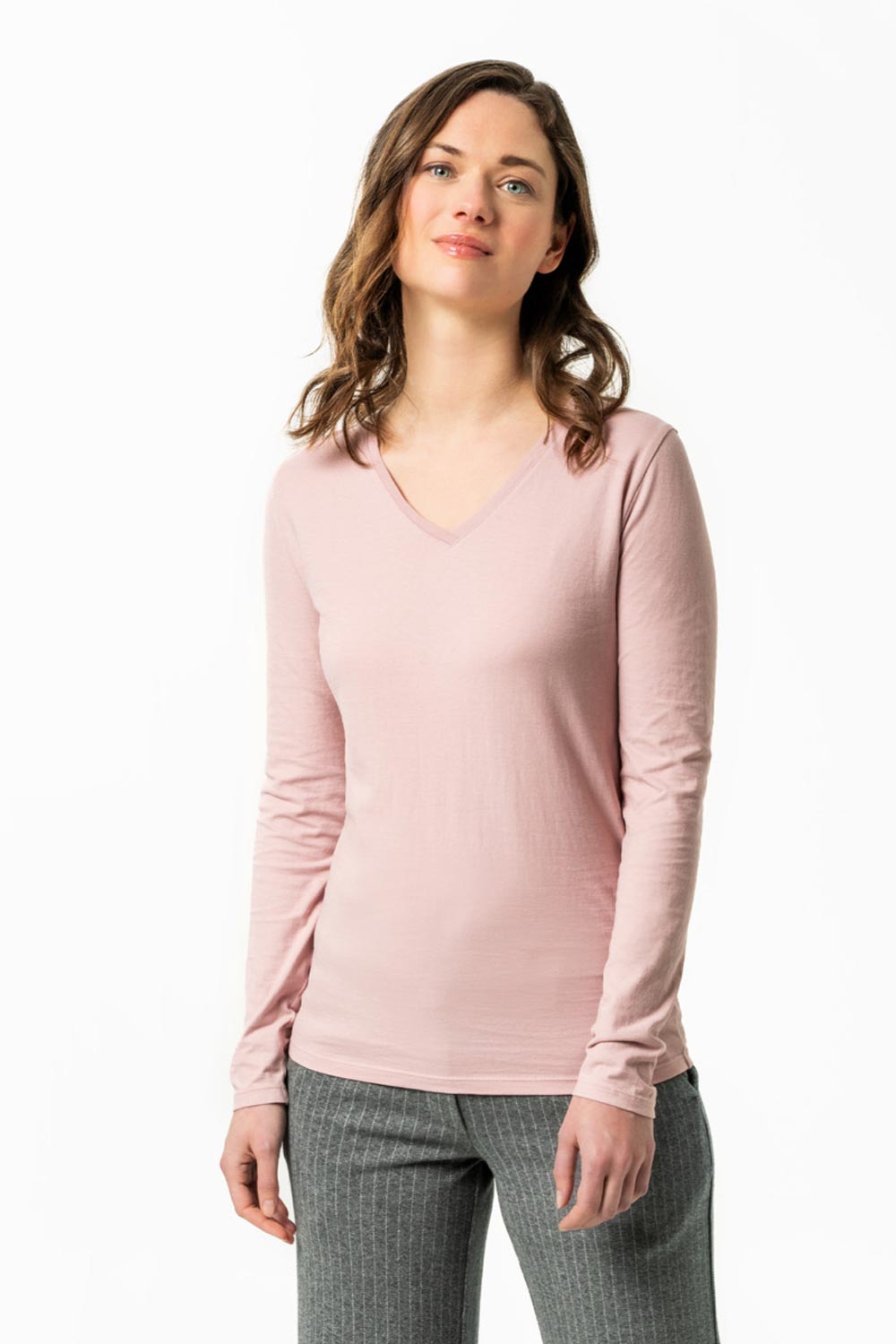 Dames lange mouwenshirt v-hals lichtroze