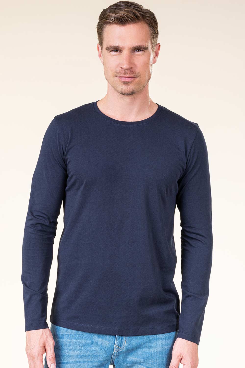 Heren longsleeve biokatoen donkerblauw