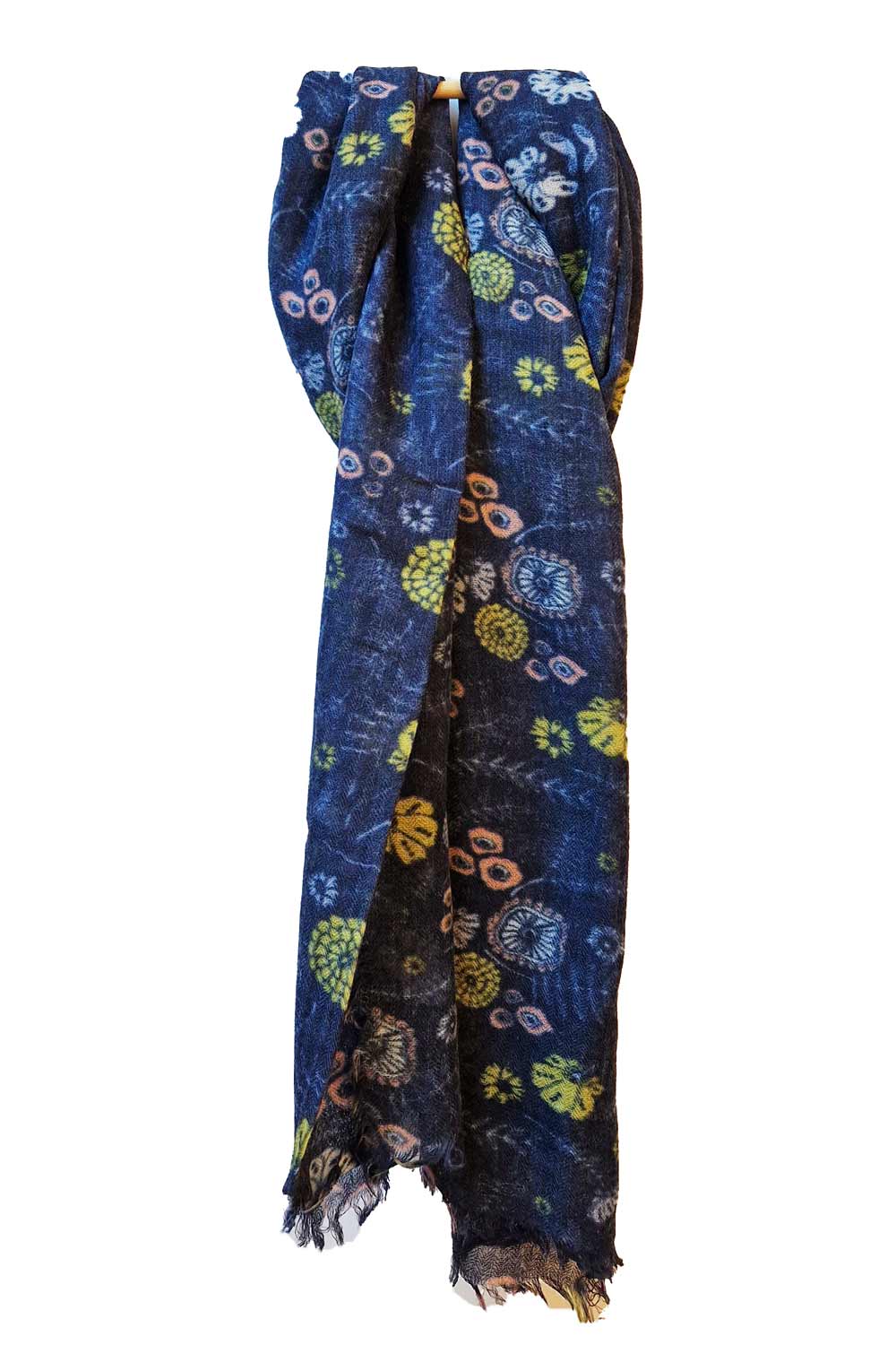Lange wollen sjaal bloemen donkerblauw