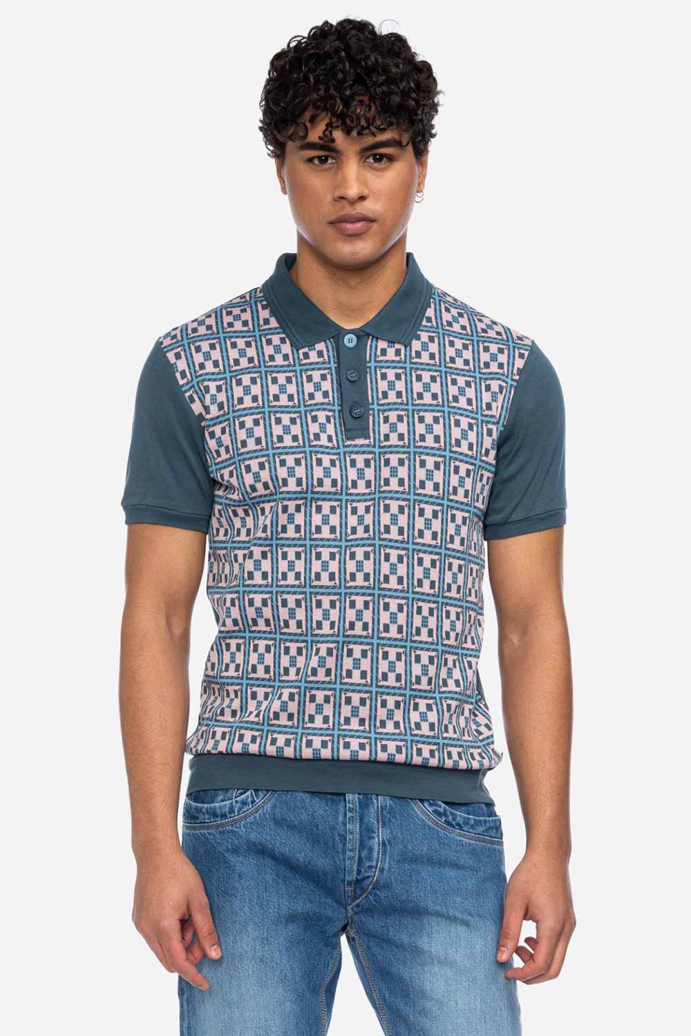 Poloshirt korte mouw retro blauw met roze