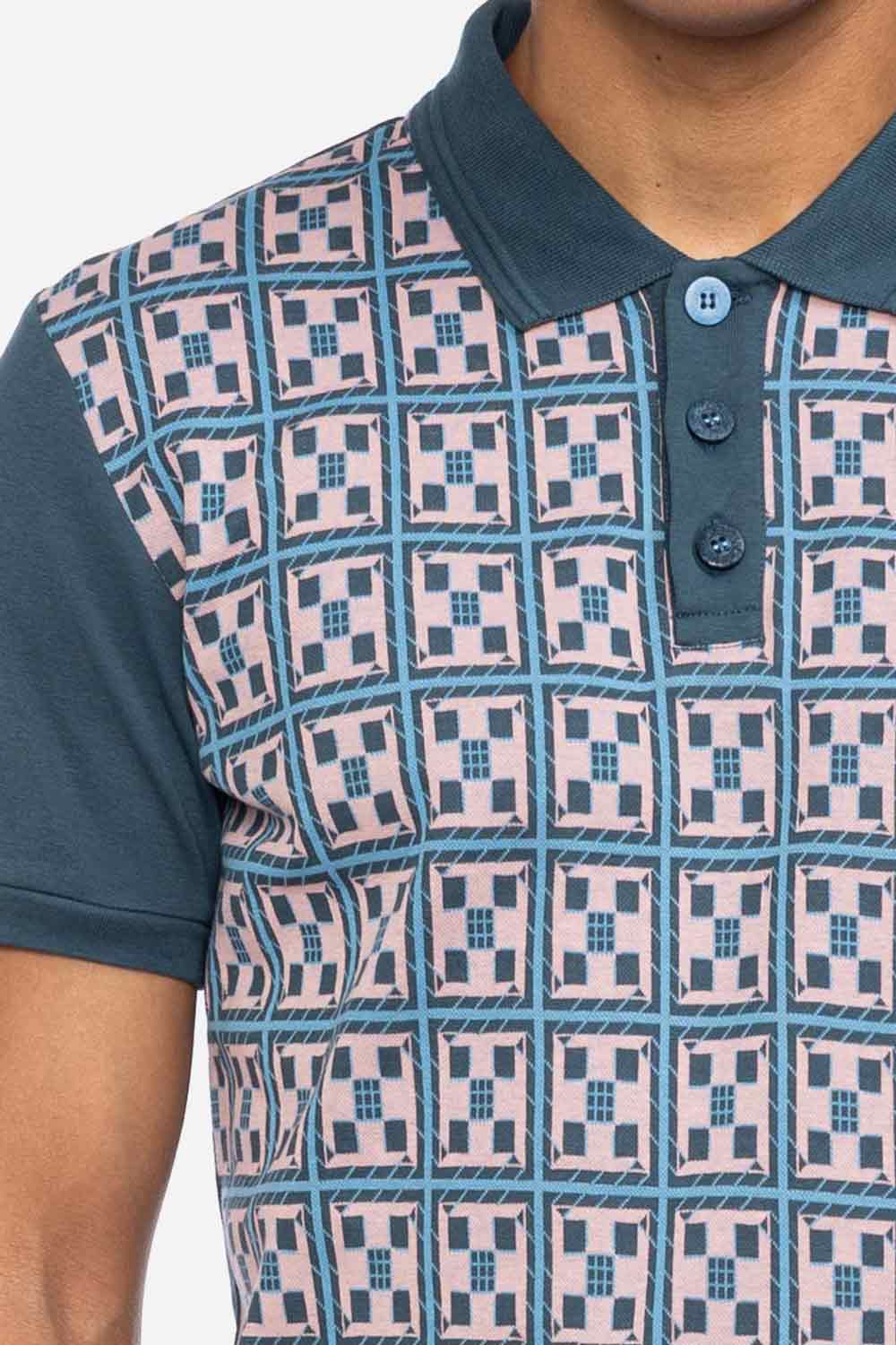 Poloshirt korte mouw retro blauw met roze - Afbeelding 3
