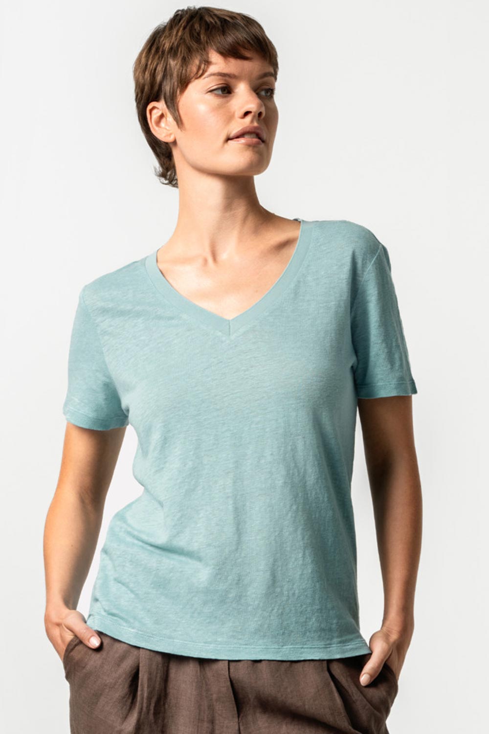100% linnen V-hals T-shirt zeeblauw