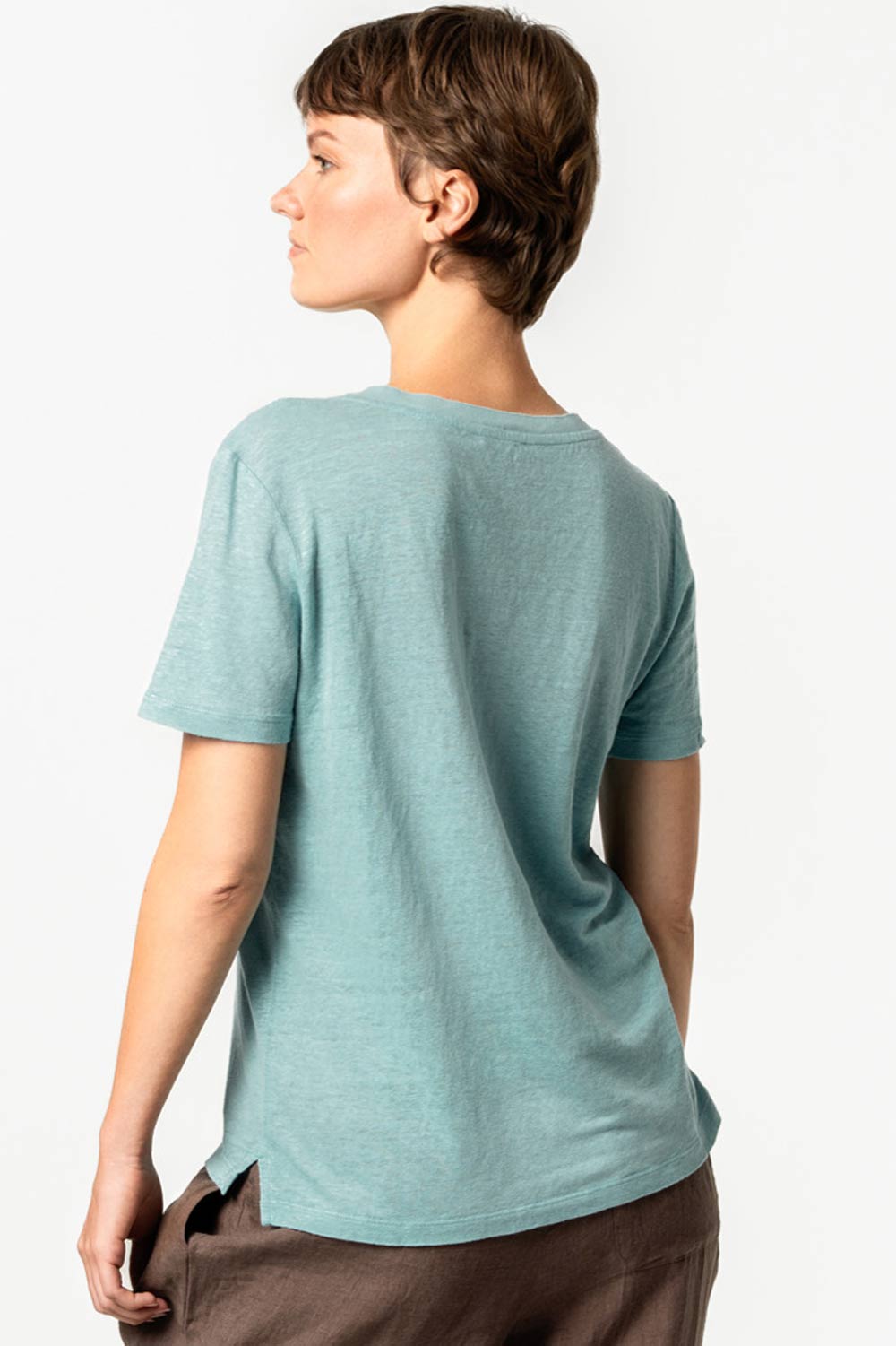 100% linnen V-hals T-shirt zeeblauw - Afbeelding 2