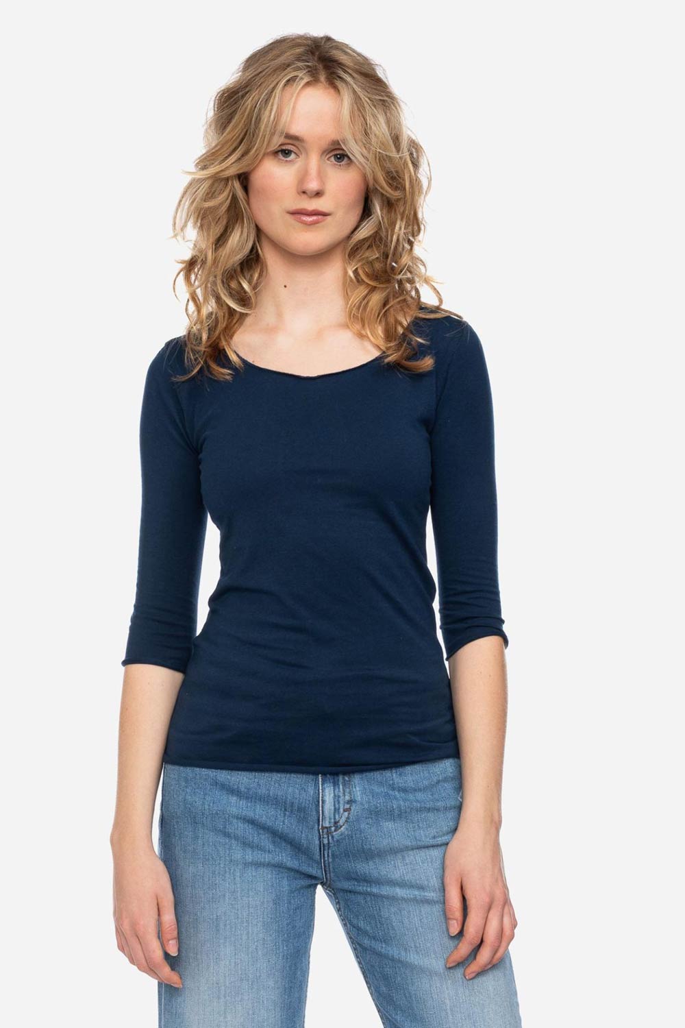 Shirt driekwart mouw 100% biokatoen donkerblauw