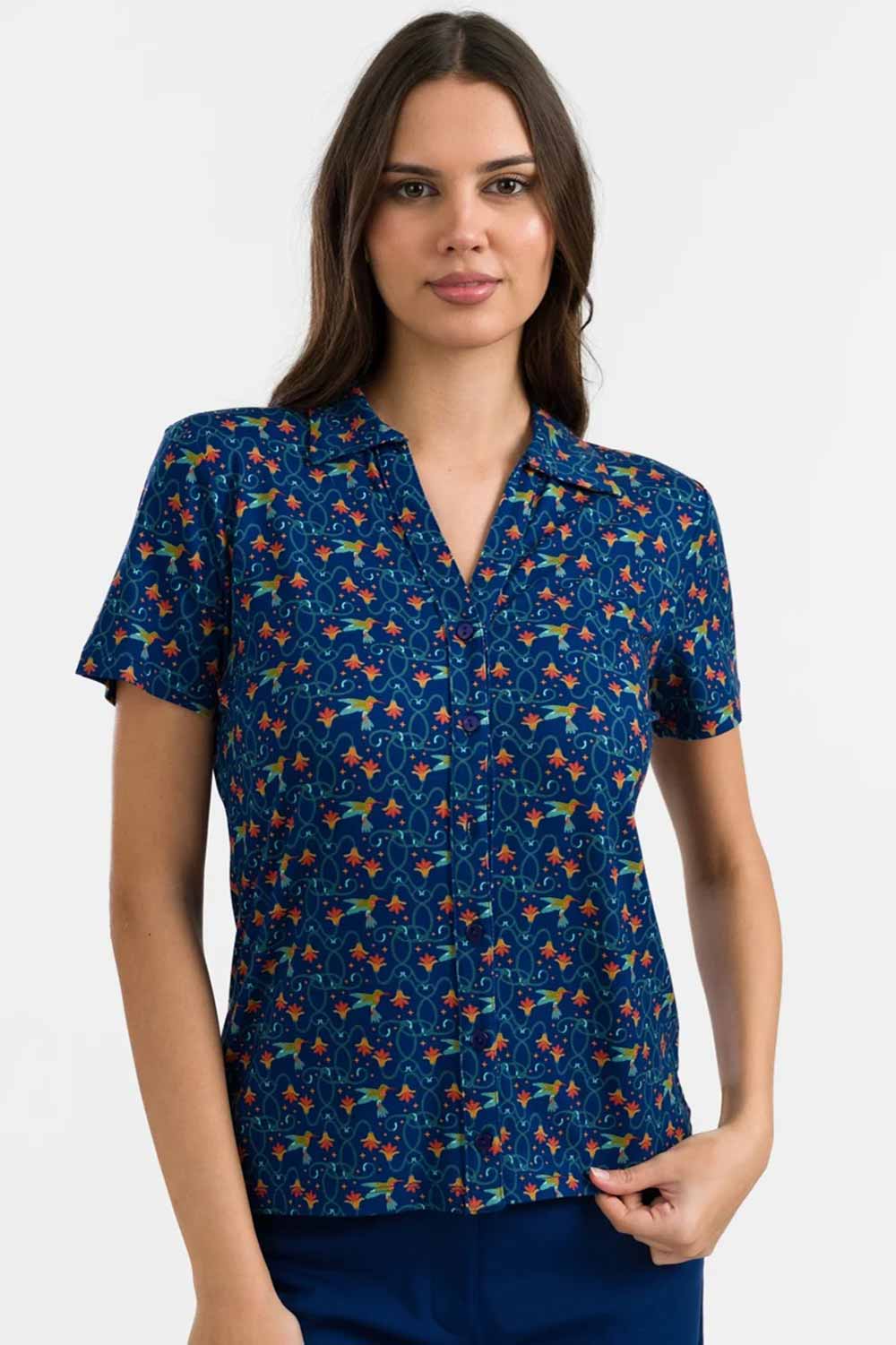 Blouse korte mouwen nachtblauw kolibrie - Afbeelding 2