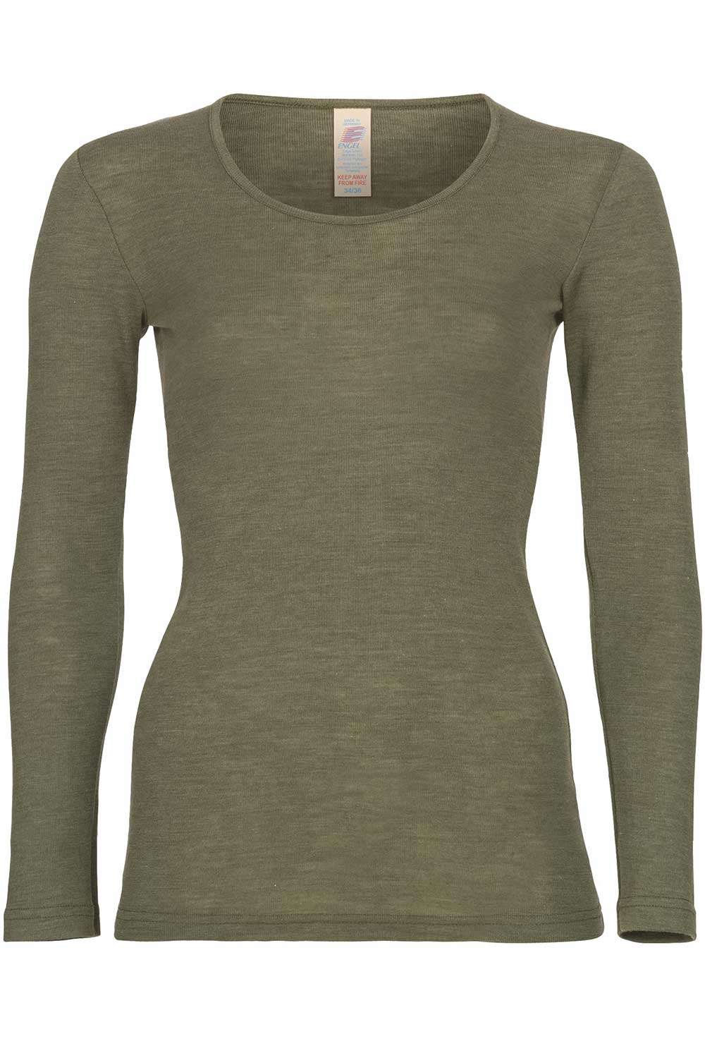Shirt wol-zijde lange mouw ronde hals olijfgroen