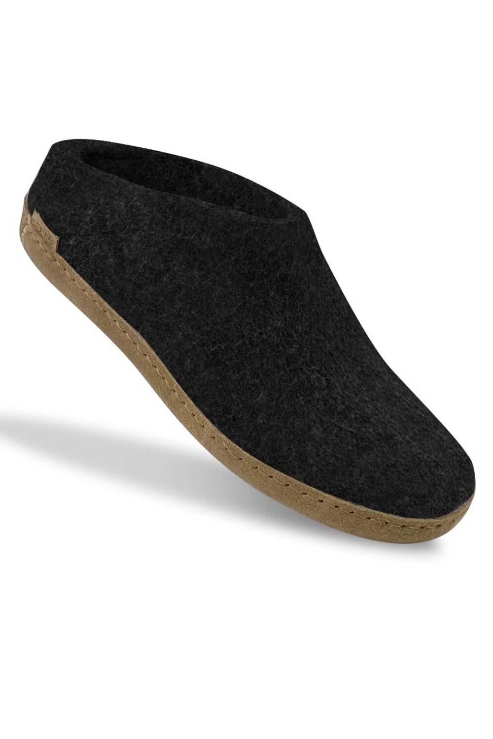 Wollen slof slipper - leren zool - zwart