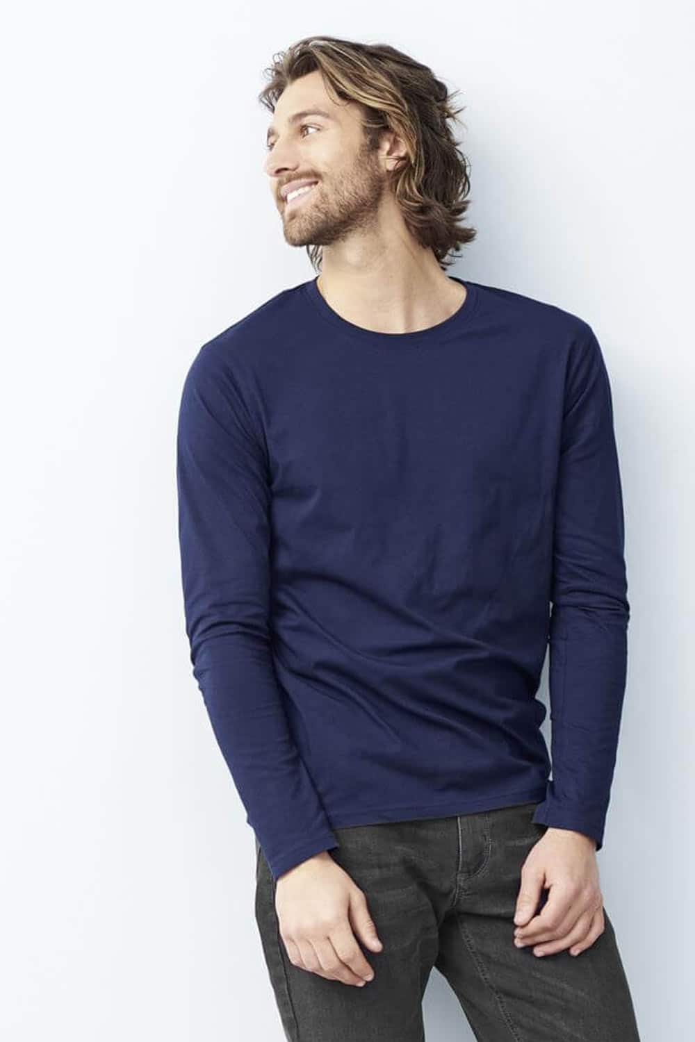 Heren longsleeve biokatoen donkerblauw - Afbeelding 2