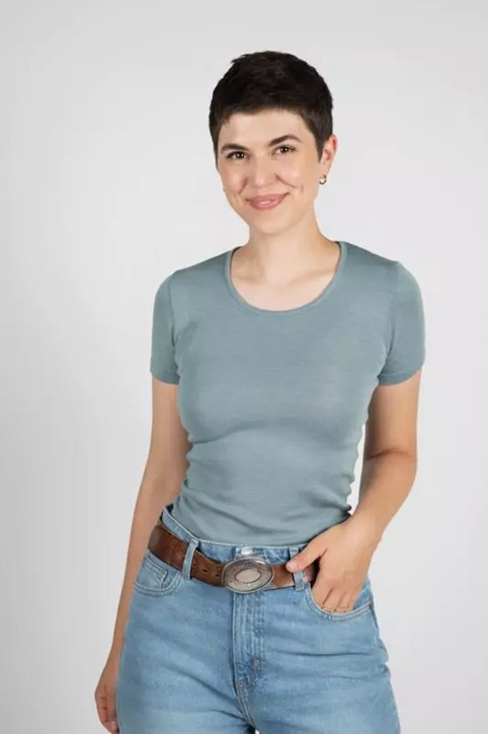 T-shirt wol-zijde korte mouw lichtblauw