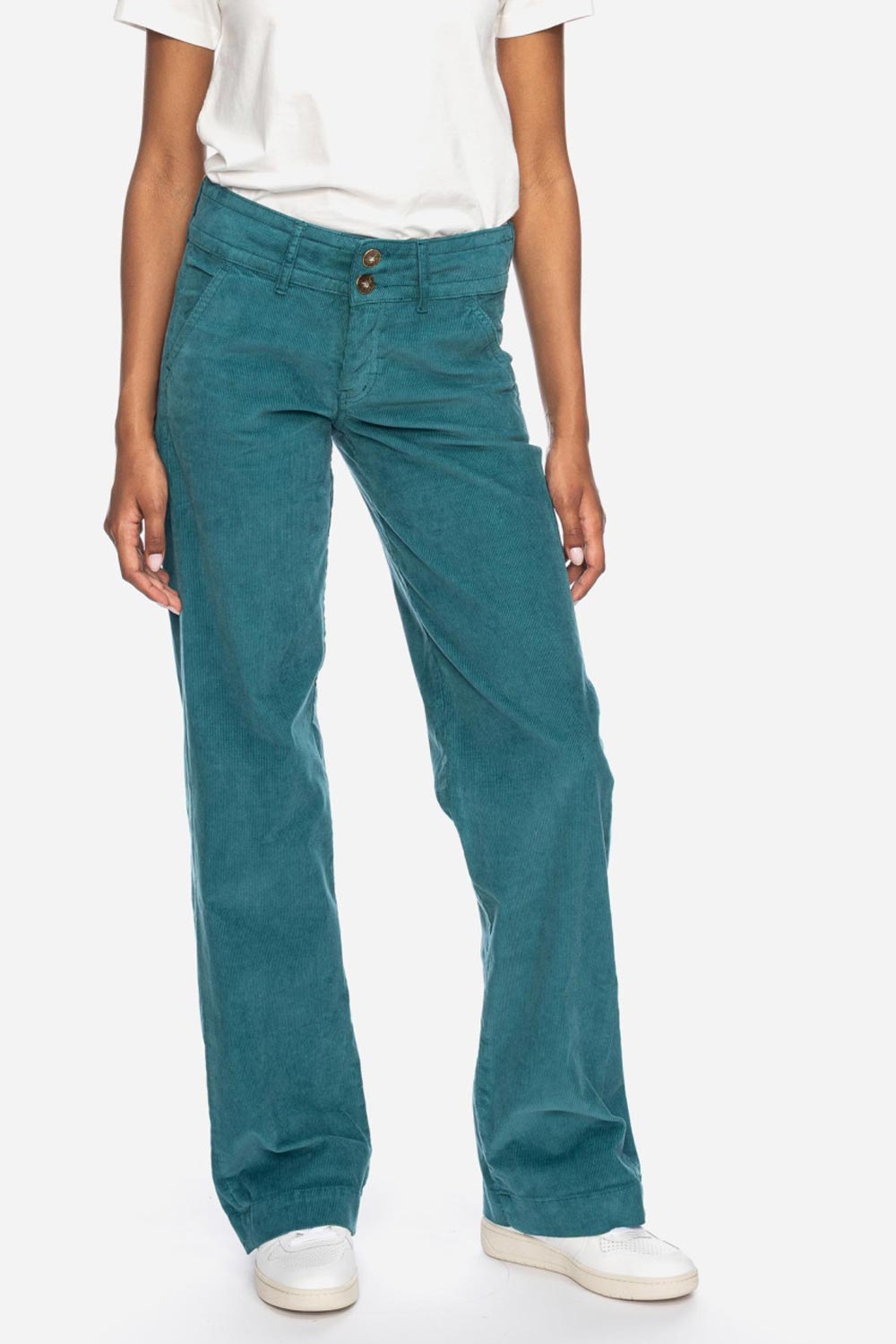 Blauwgroene fijnrib broek met wijdere pijp