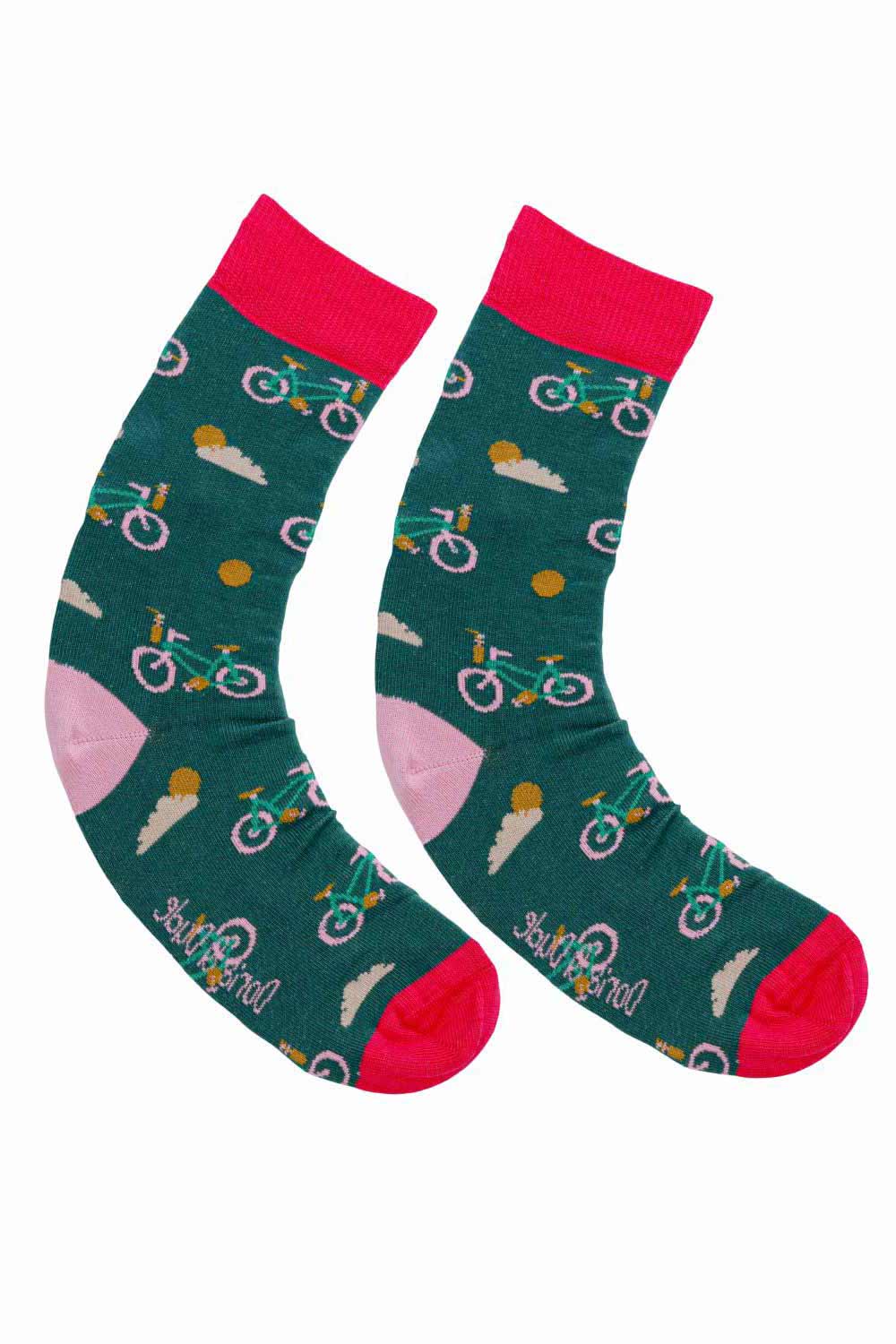 Sokken bamboe-biokatoen groen-roze fietsjes