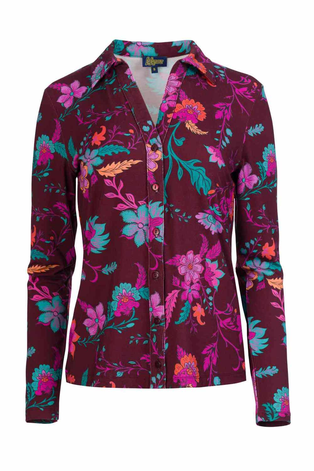 Getailleerde aubergine blouse ecovero bloemen - Afbeelding 2