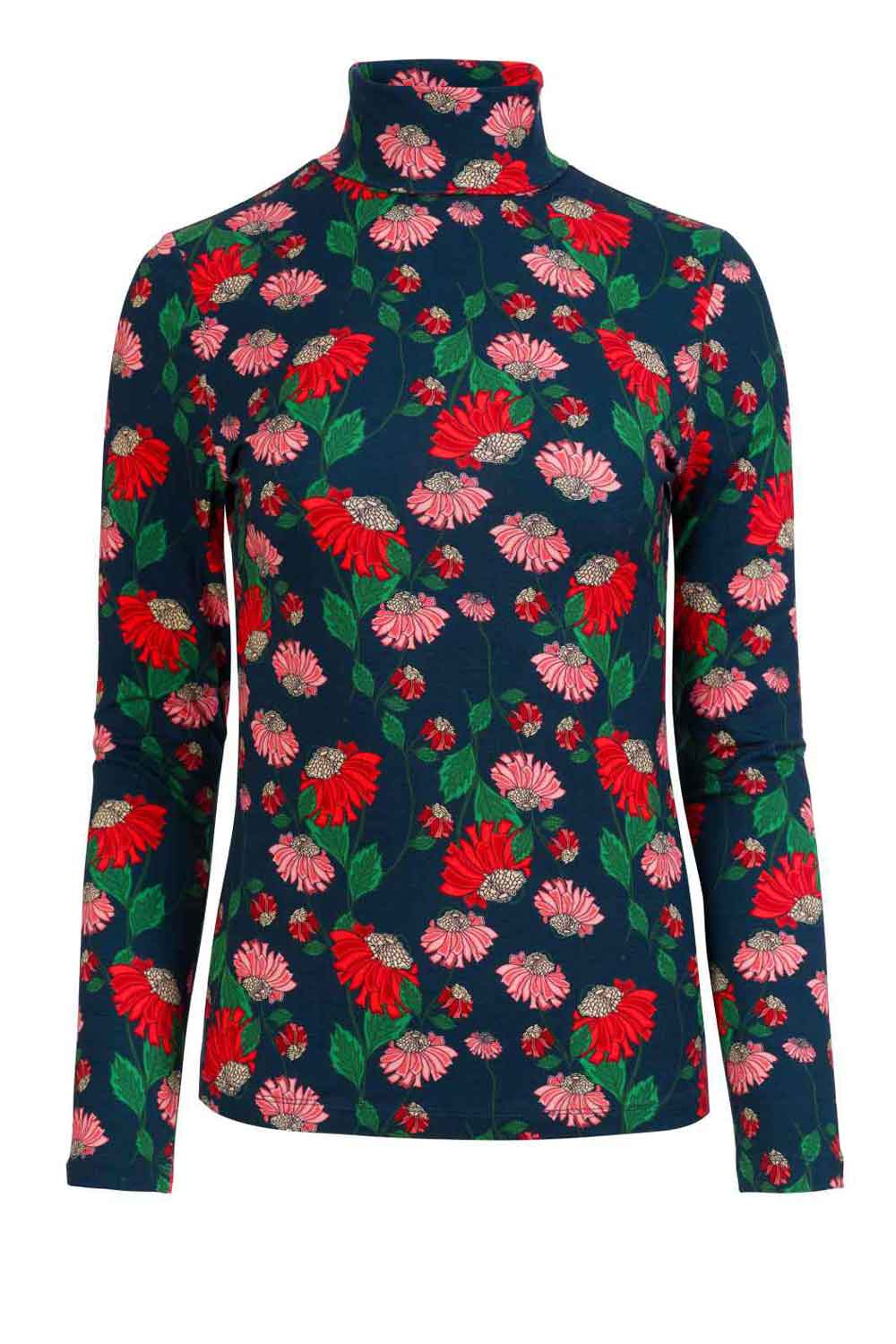Colshirt donkerblauw met bloemen